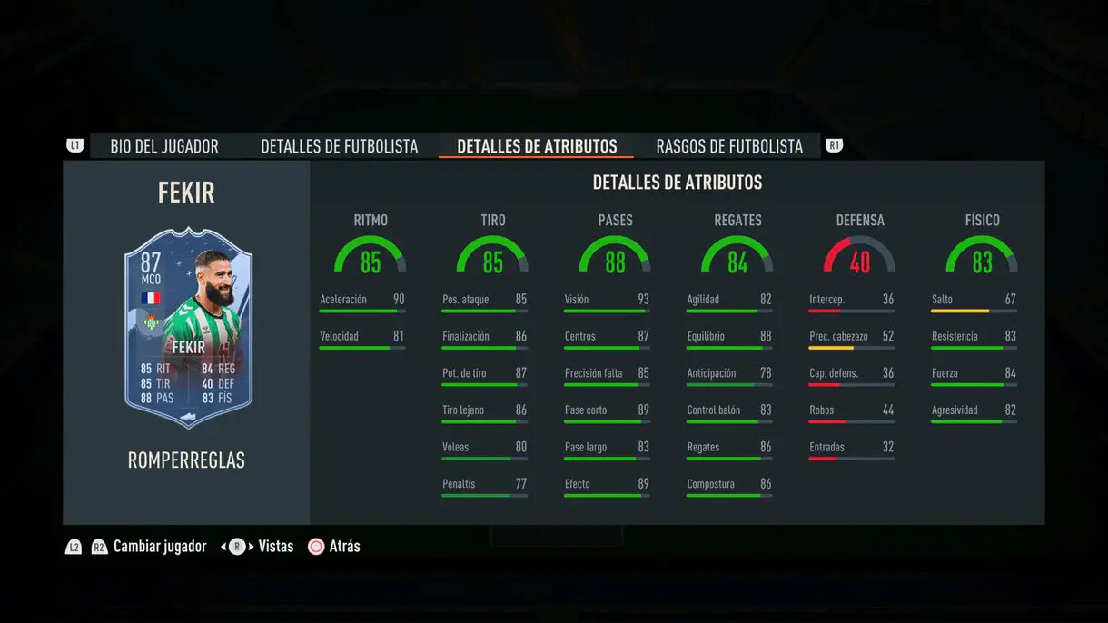 Stats in game Fekir Rulebreakers FIFA 23 Ultimate Team