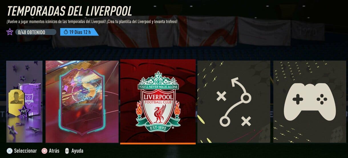 Menú de FUT Moments mostrando Historia Liverpool FIFA 23 Ultimate Team