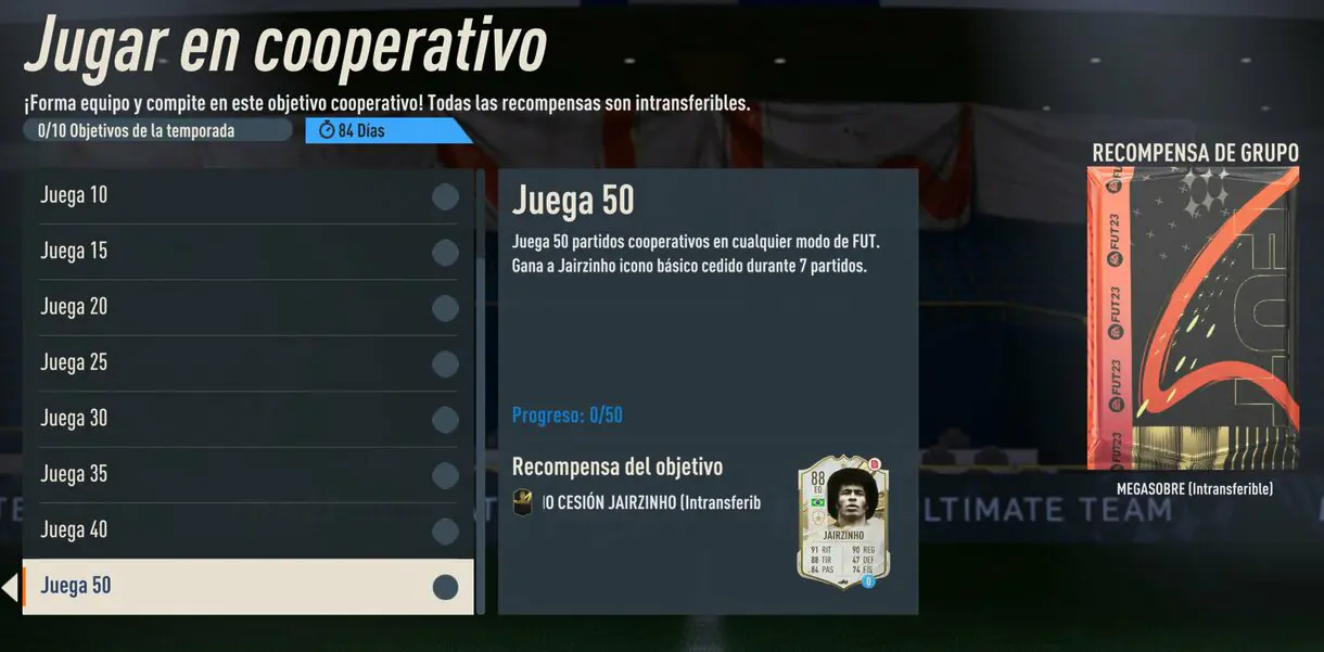 Hitos Jugar en cooperativo FIFA 23 Ultimate Team, mostrando el reto de Jairzinho Baby cedido