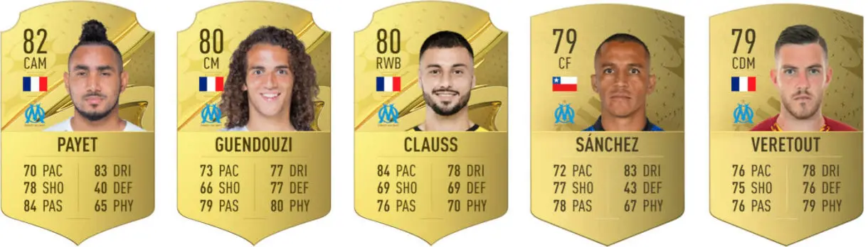 Cartas oro FIFA 23 Ultimate Team Payet, Guendouzi, Clauss, Sánchez y Veretout FIFA 23 Ultimate Team