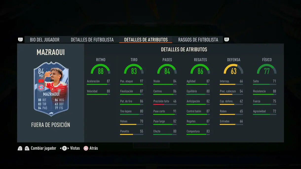 Stats in game Mazraoui Out of Position FIFA 23 Ultimate Team
