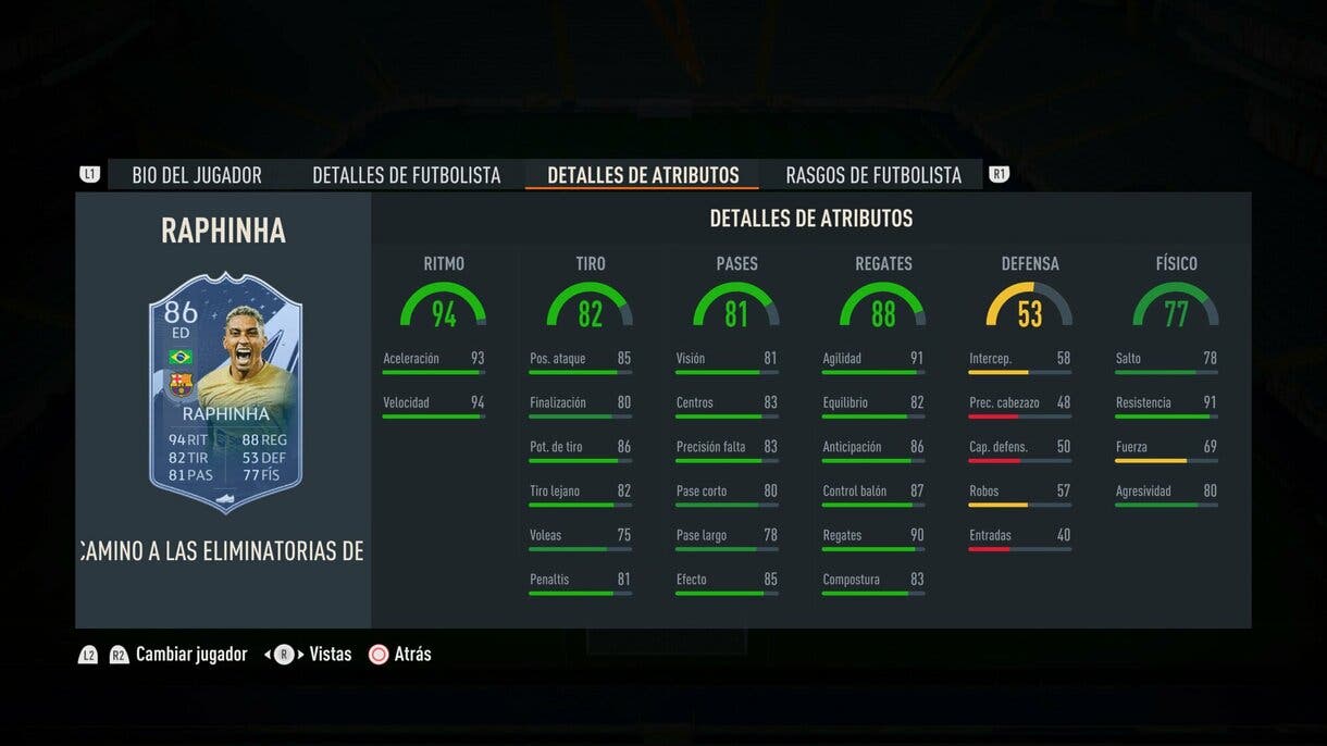 Stats in game Raphinha RTTK FIFA 23 Ultimate Team