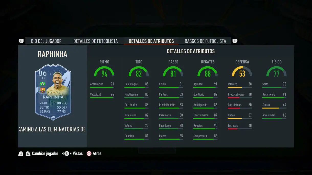 Stats in game Raphinha RTTK FIFA 23 Ultimate Team