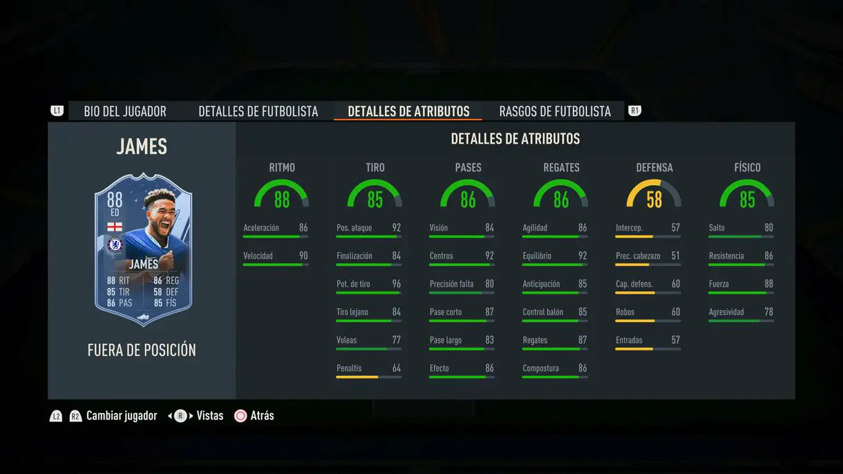 Stats in game Reece James Out of Position FIFA 23 Ultimate Team
