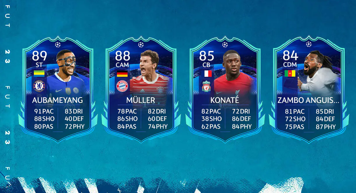 Cartas RTTK Aubameyang, Müller, Konaté y Zambo Anguissa FIFA 23 Ultimate Team