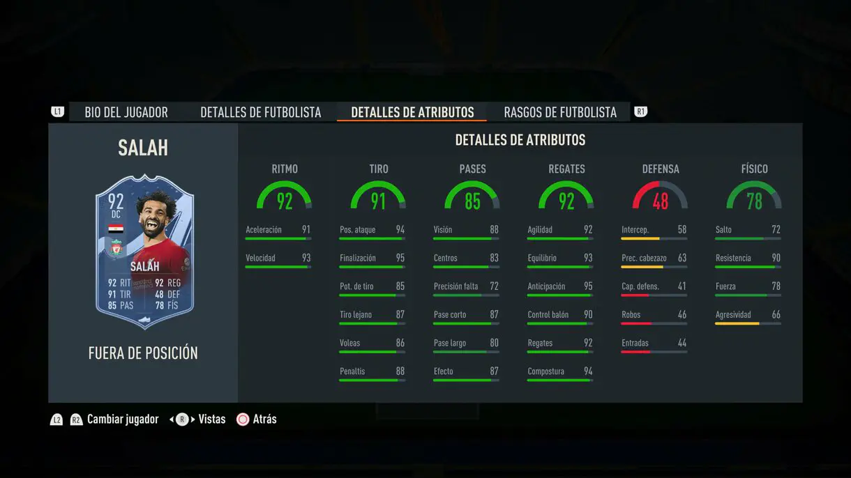 Stats in game Salah Out of Position FIFA 23 Ultimate Team