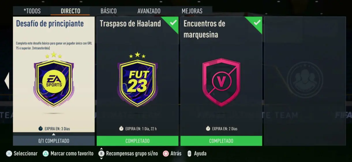 Menú de SBC´s FIFA 23 Ultimate Team, mostrando "Desafío de principiante" y "Traspaso de Haaland"