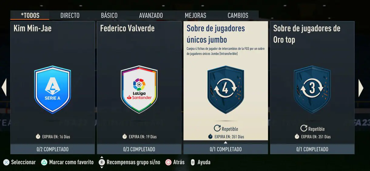 Menú SBC´s FIFA 23 Ultimate Team, parte de los FGS