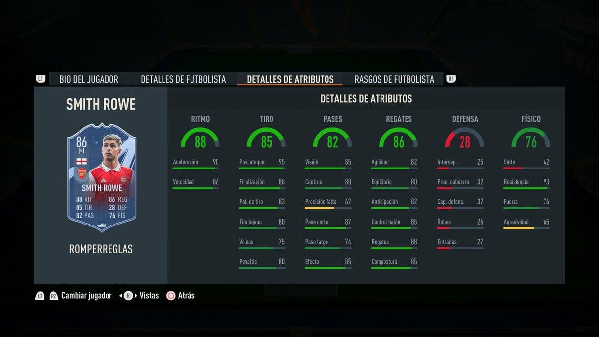 Stats in game Smith Rowe Rulebreakers FIFA 23 Ultimate Team
