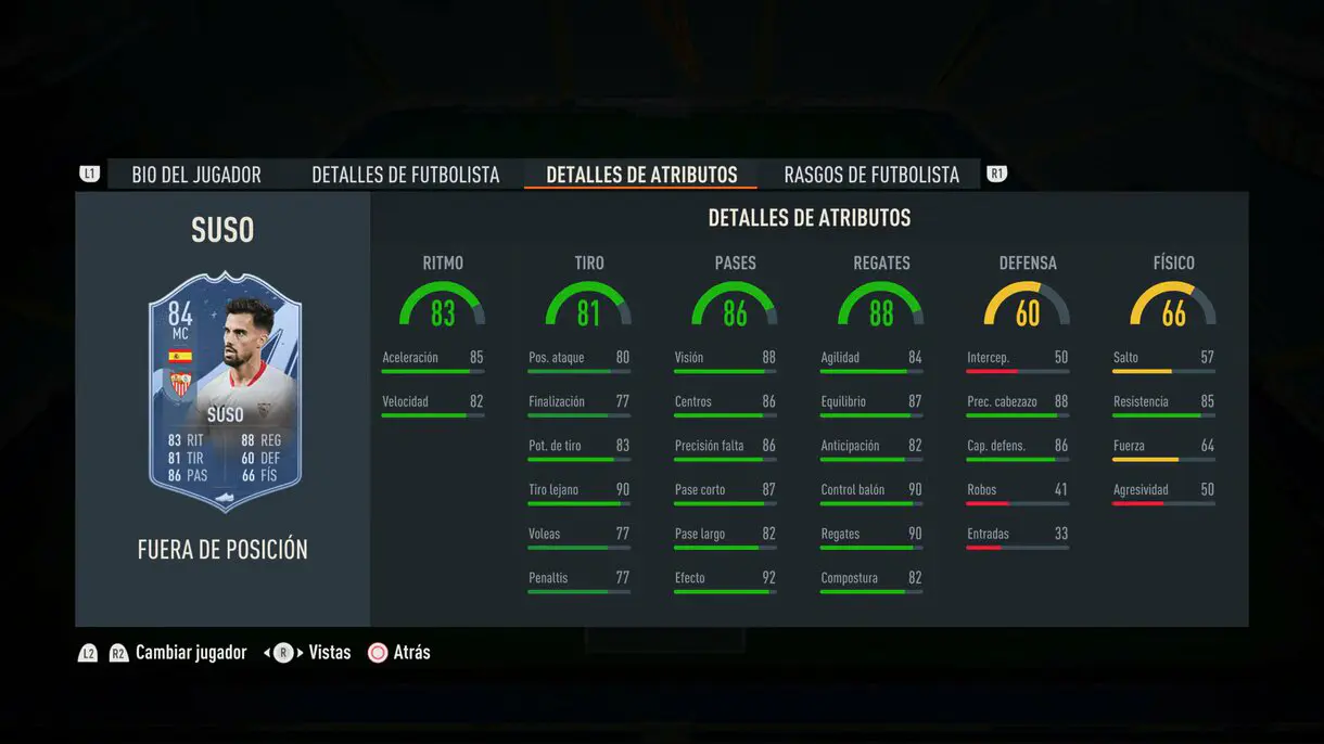 Stats in game Suso Out of Position FIFA 23 Ultimate Team