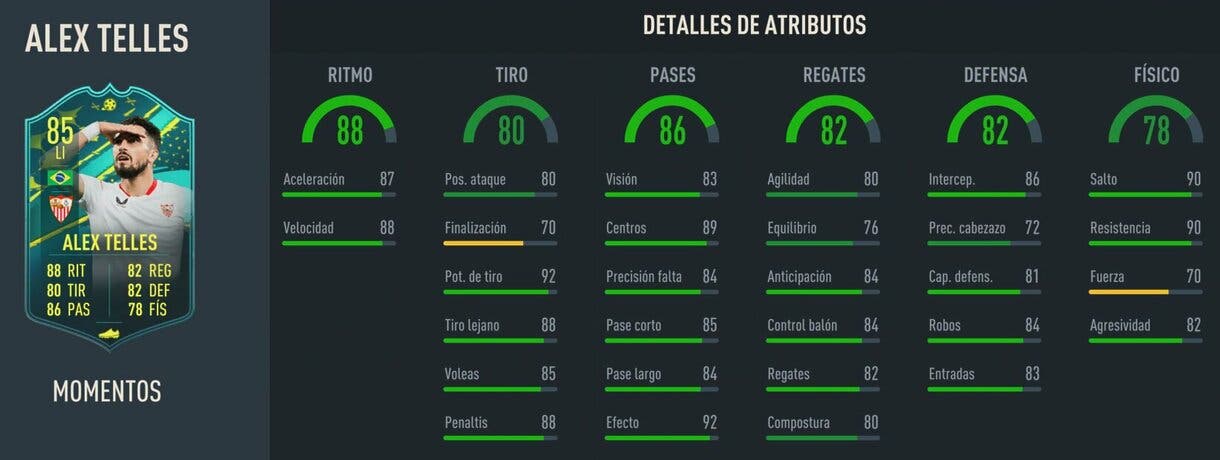Stats in game Alex Telles Moments FIFA 23 Ultimate Team