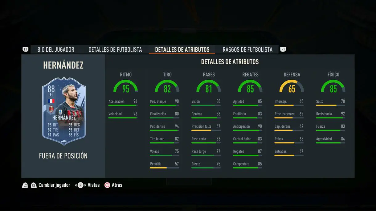 Stats in game Theo Hernández Out of Position FIFA 23 Ultimate Team