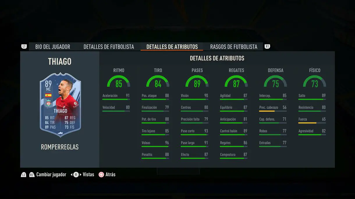 Stats in game Thiago Rulebreakers FIFA 23 Ultimate Team