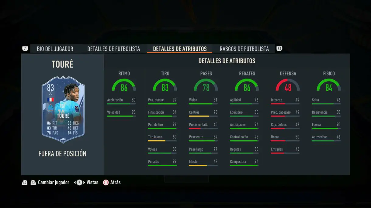 Stats in game Isaak Touré Out of Position FIFA 23 Ultimate Team