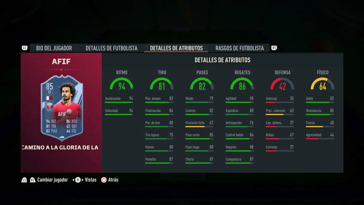 Stats in game Afif Path to Glory FIFA 23 Ultimate Team