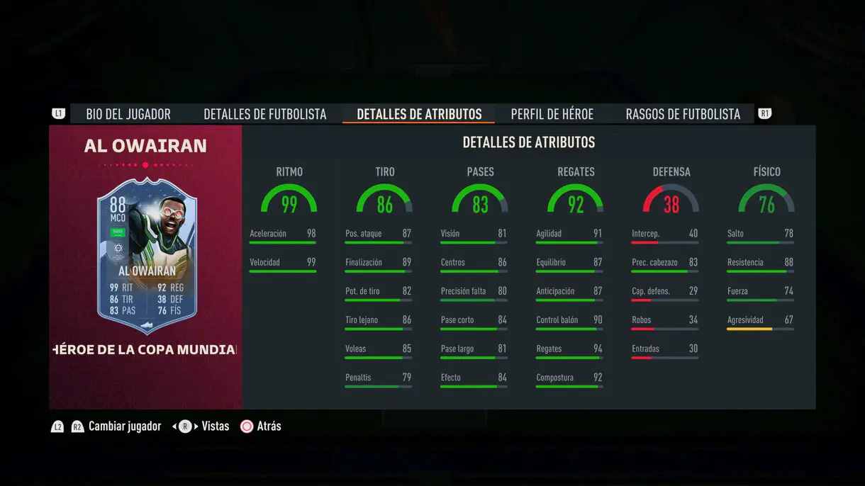 Stats in game Al-Owairan FUT Heroes del Mundial FIFA 23 Ultimate Team
