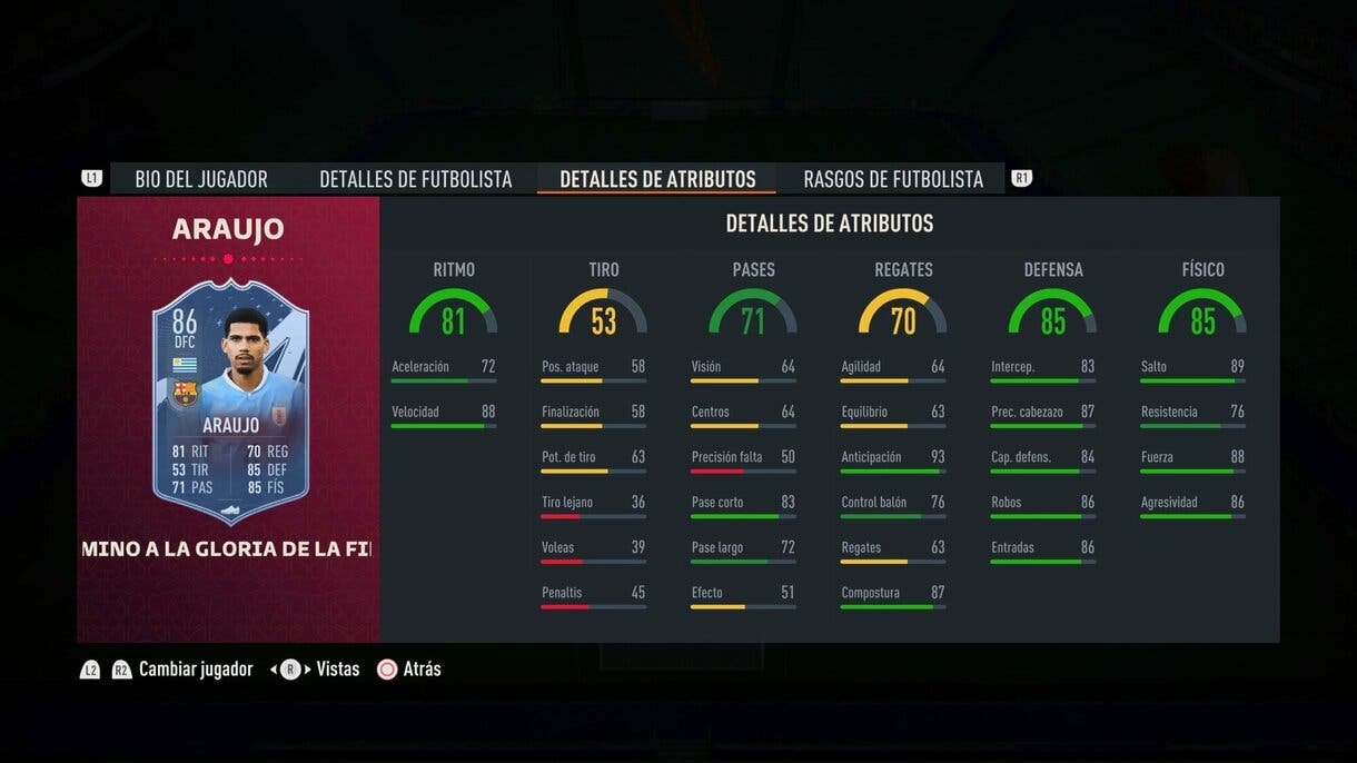 Stats in game Araújo Path to Glory FIFA 23 Ultimate Team