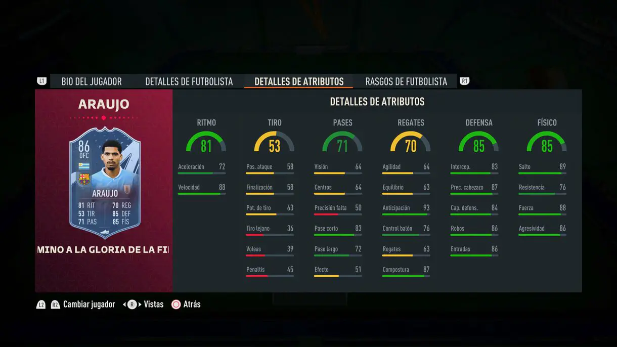 Stats in game Araújo Path to Glory FIFA 23 Ultimate Team