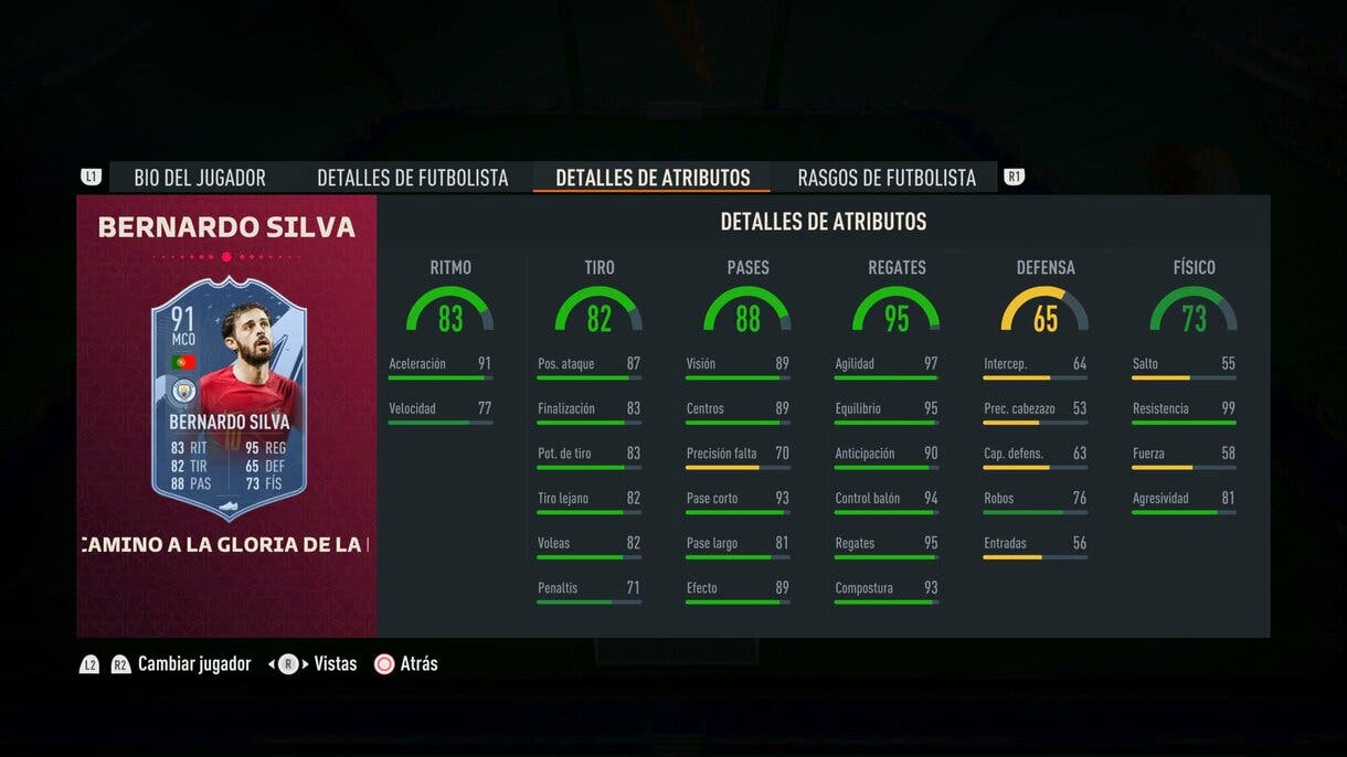 Nuevas stats in game Bernardo Silva Path to Glory FIFA 23 Ultimate Team