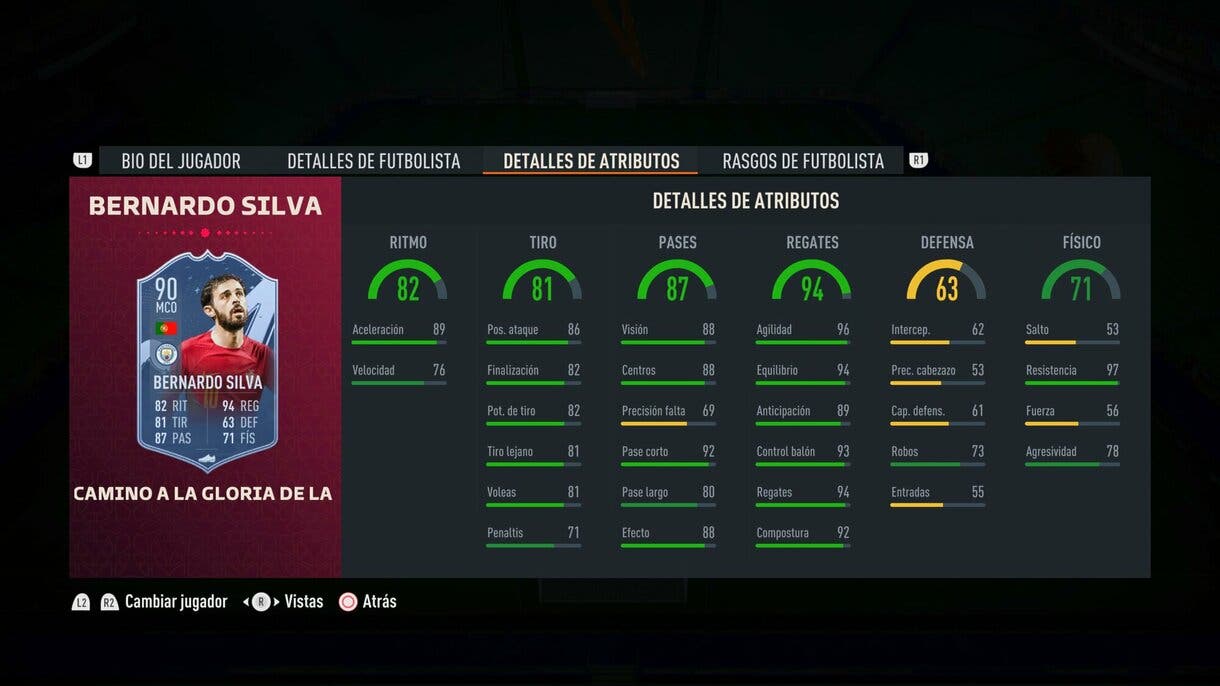 Stats in game Bernardo Silva Path to Glory FIFA 23 Ultimate Team