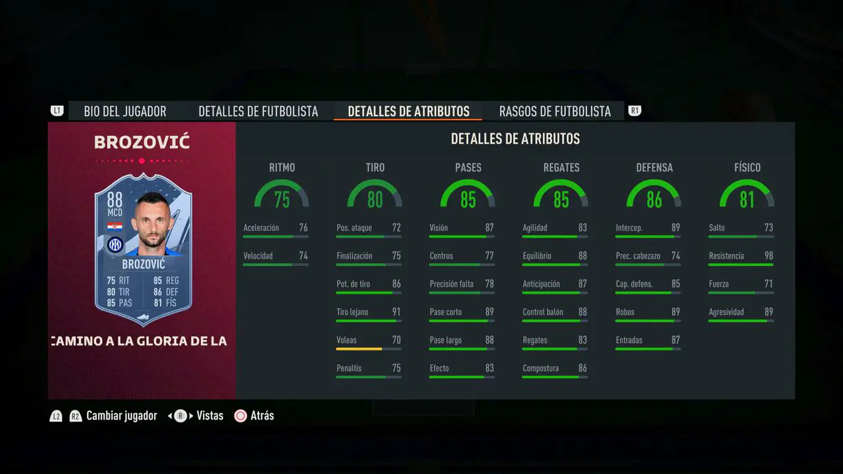 Stats in game Brozovic Path to Glory FIFA 23 Ultimate Team