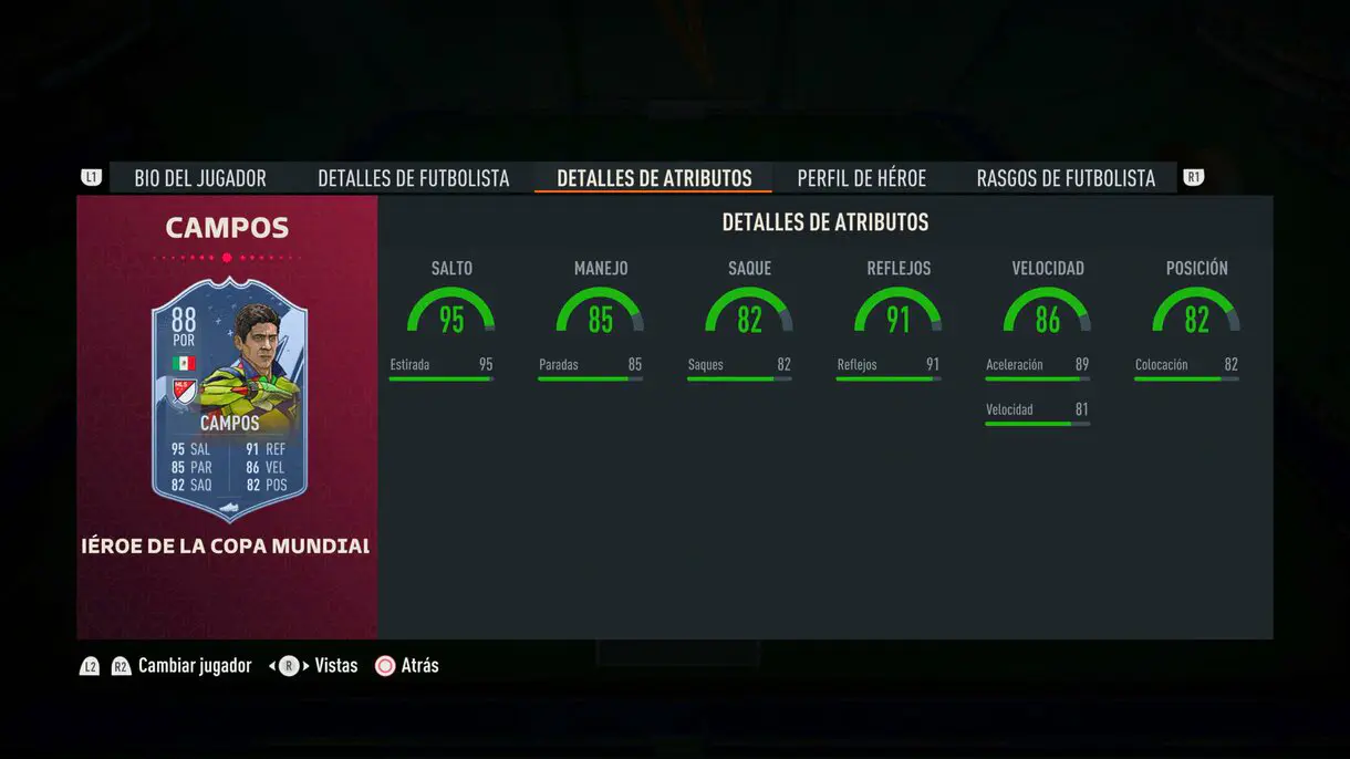 Stats in game Jorge Campos FUT Heroes del Mundial FIFA 23 Ultimate Team