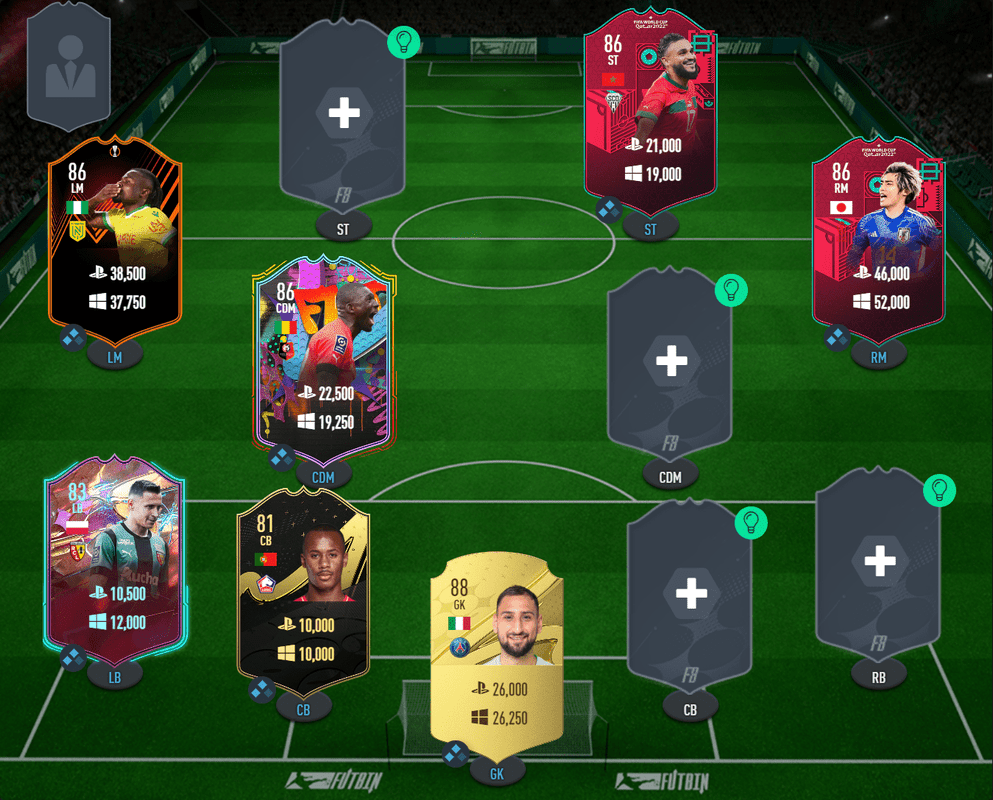 Imagen anterior pero mostrando los precios individuales de cada carta en FIFA 23 Ultimate Team