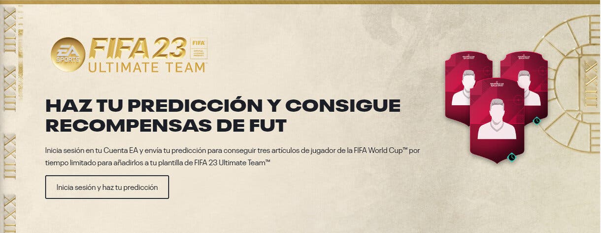 Captura desde la web de EA Sports en la que afirman que recibiremos tres cartas del Mundial en FIFA 23 Ultimate Team por la predicción