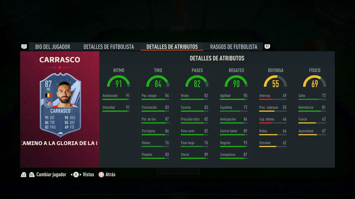 Stats in game Carrasco Path to Glory FIFA 23 Ultimate Team
