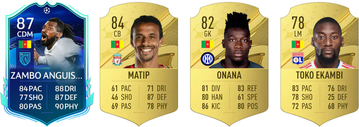 Zambo Anguissa RTTK 87 y cartas oro Matip, Onana y Toko Ekambi (Camerún) FIFA 23 Ultimate Team