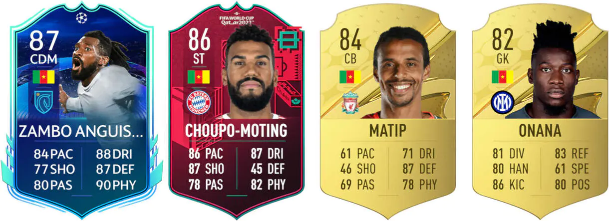 Cartas Anguissa RTTK, Choupo-Moting PTG, Matip oro y Onana oro (Camerún) FIFA 23 Ultimate Team