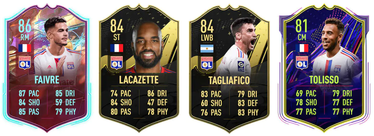 Cartas Faivre Rulebreakers, Lacazette IF, Tagliafico IF y Tolisso OTW (Lyon) FIFA 23 Ultimate Team