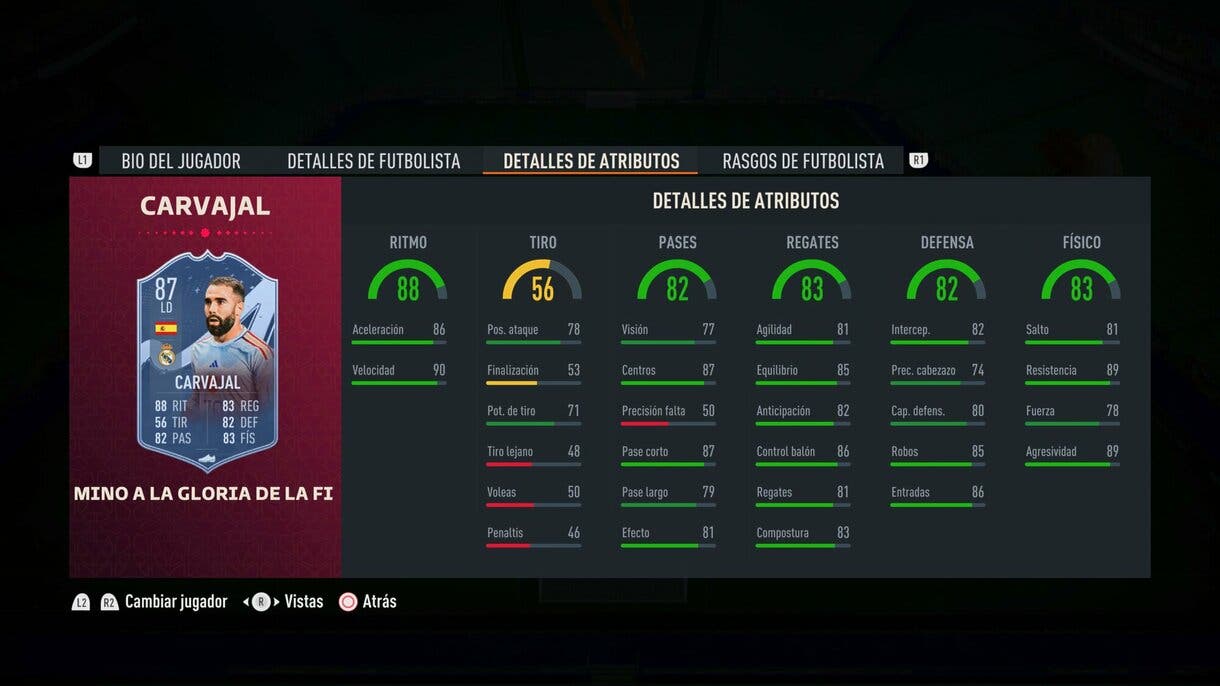Stats in game Carvajal Path to Glory FIFA 23 Ultimate Team