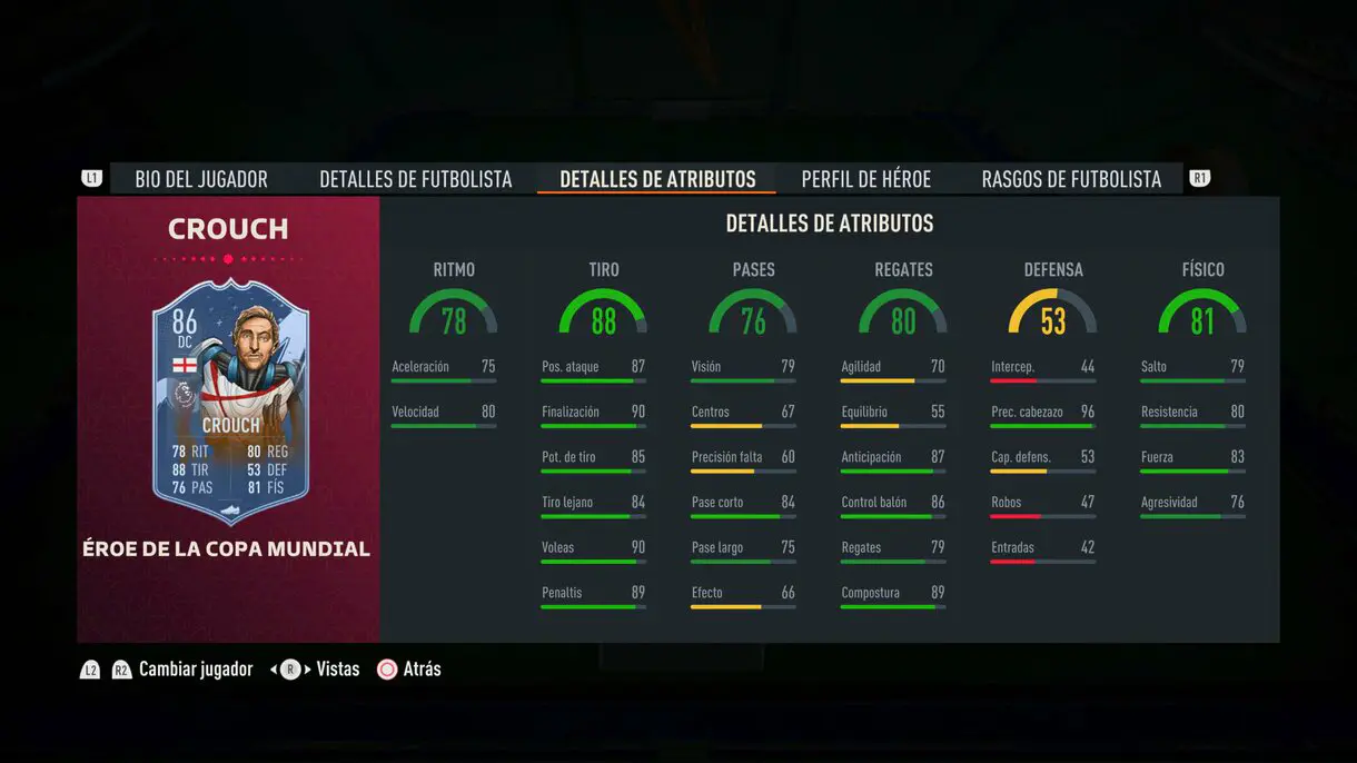 Stats in game Peter Crouch FUT Heroes del Mundial FIFA 23 Ultimate Team