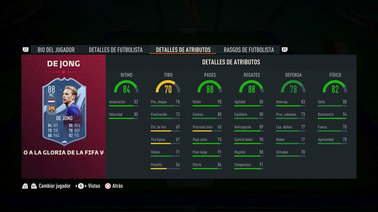 Stats in game De Jong Path to Glory FIFA 23 Ultimate Team