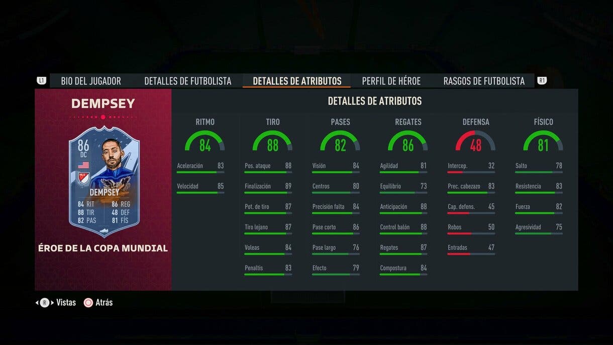 Stats in game Dempsey FUT Heroes del Mundial FIFA 23 Ultimate Team