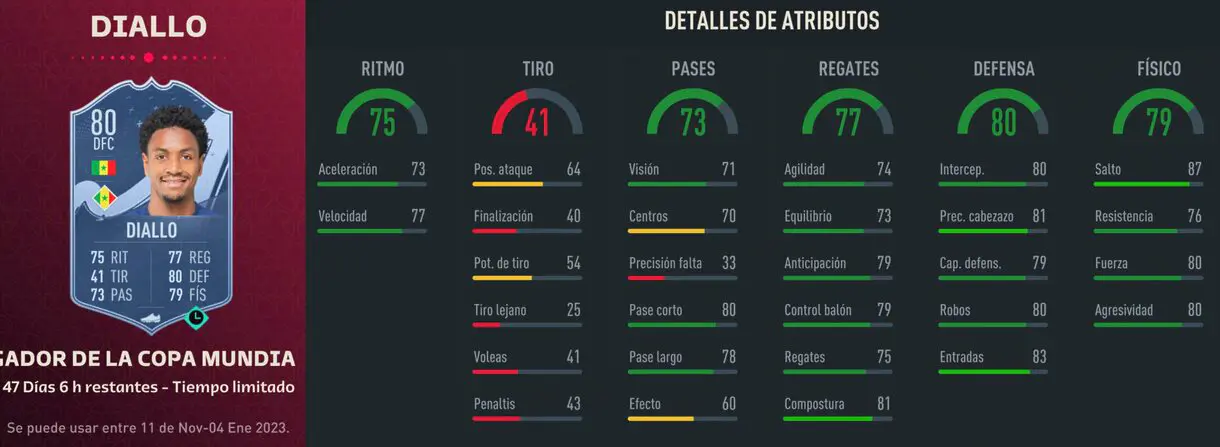 Stats in game Diallo Jugador de la FIFA World Cup FIFA 23 Ultimate Team