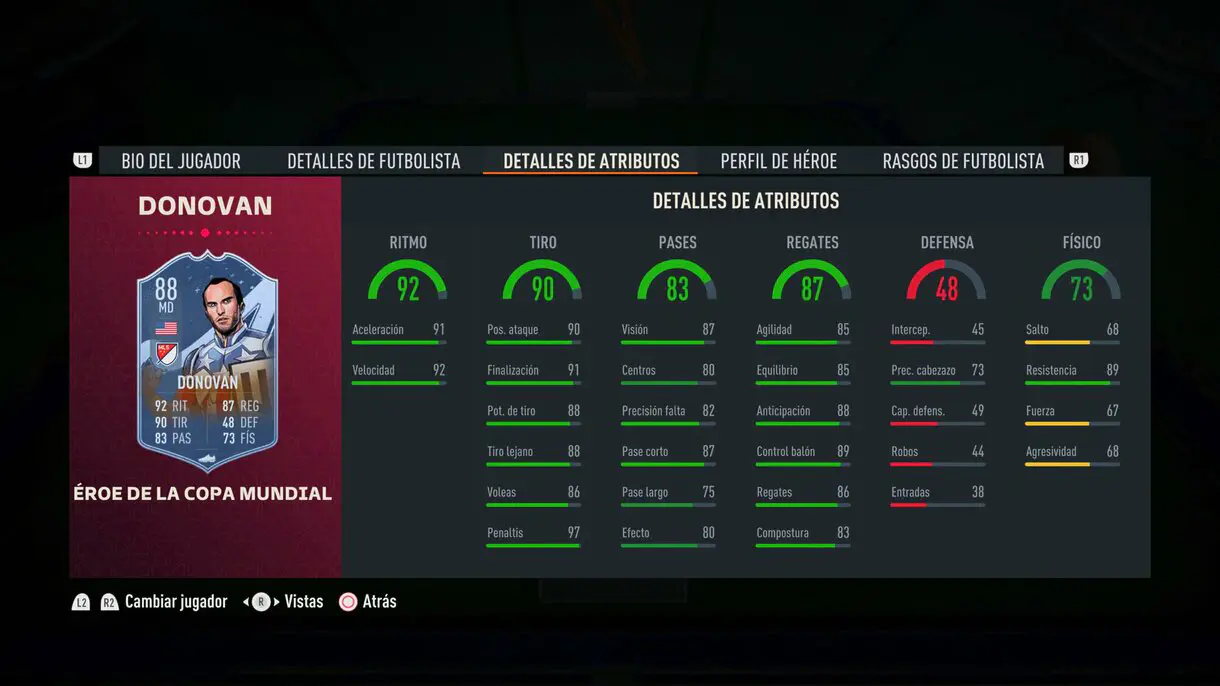 Stats in game Donovan FUT Heroes del Mundial FIFA 23 Ultimate Team