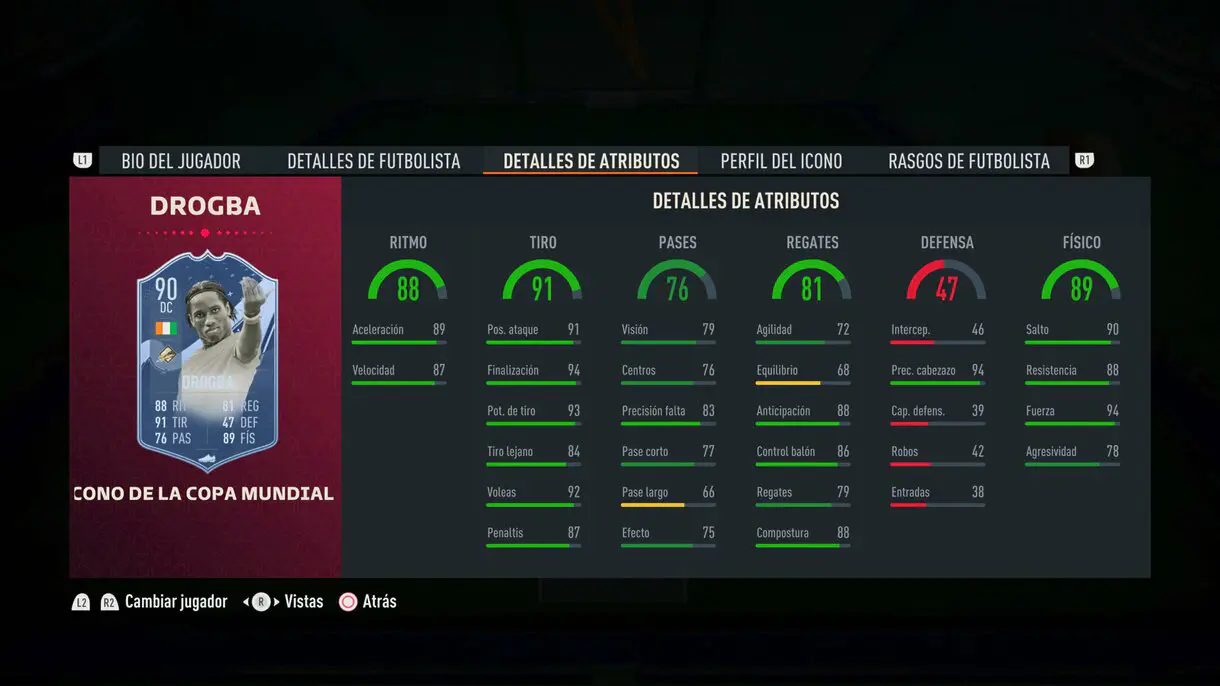 Stats in game Drogba Icono del Mundial FIFA 23 Ultimate Team