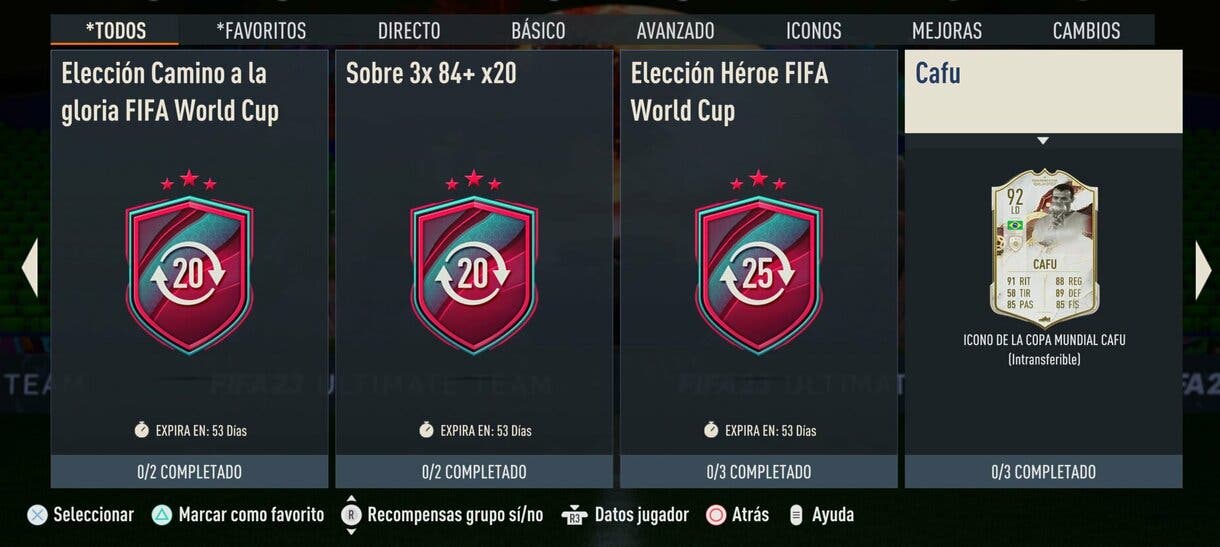 Menú de SBC´s mostrando algunas de las recompensas de los World Cup Swaps FIFA 23 Ultimate Team