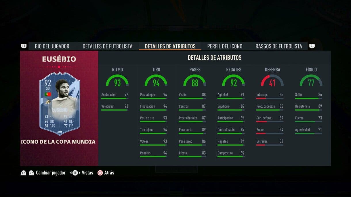 Stats in game Eusébio Icono del Mundial FIFA 23 Ultimate Team