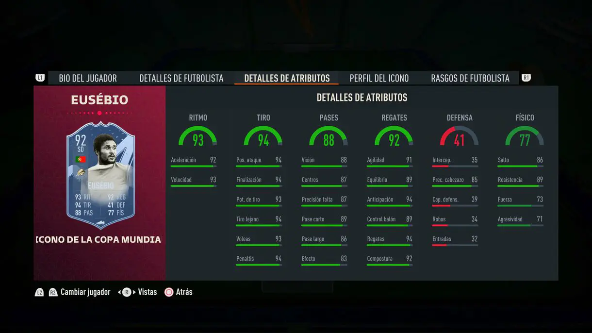 Stats in game Eusébio Icono del Mundial FIFA 23 Ultimate Team
