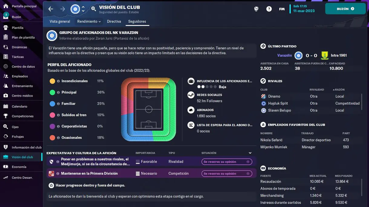 Vista de la pantalla "Seguidores" del Football Manager 2023.