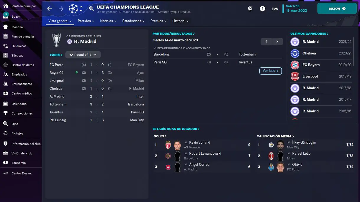 Vista de cómo luce la ventana de la Uefa Champions League en Football Manager 2023. 