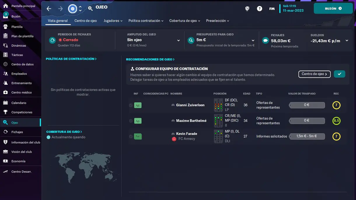 Vista del centro de ojeo de Football Manager 2023.