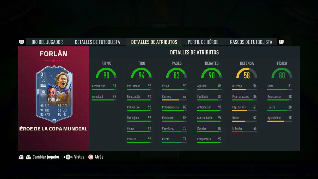 Stats in game Forlán FUT Heroes del Mundial FIFA 23 Ultimate Team