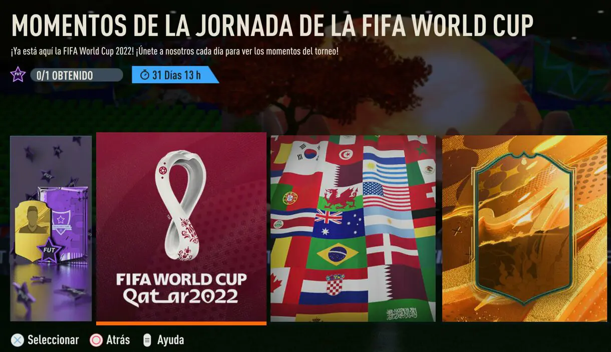 Menú Historias FUT Moments mostrando la de Momentos de la Jornada de la FIFA World Cup FIFA 23 Ultimate Team