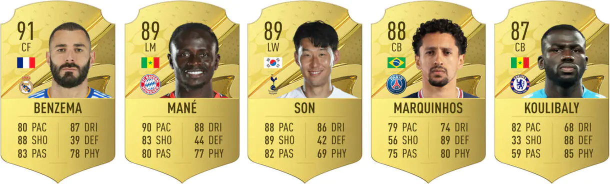 Cartas oro Benzema, Mané, Son, Marquinhos y Koulibaly FIFA 23 Ultimate Team