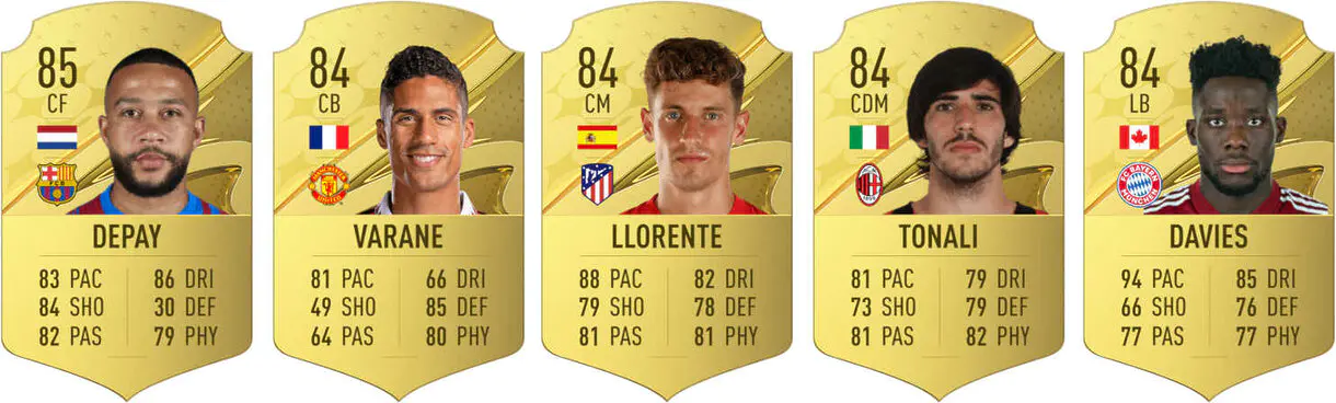 Cartas oro Depay, Varane, Marcos Llorente, Tonali y Alphonso Davies FIFA 23 Ultimate Team