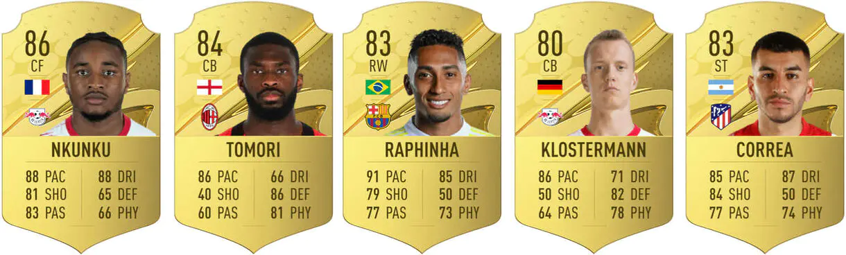 Cartas oro Nkunku, Tomori, Raphinha, Klostermann y Correa FIFA 23 Ultimate Team